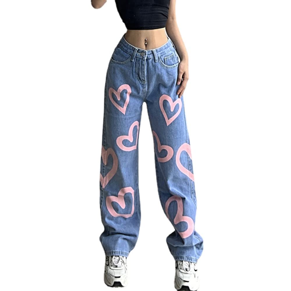 Grunge Baggy Jeans Y2K Fairy Heart Printed Denim Cargo Pants